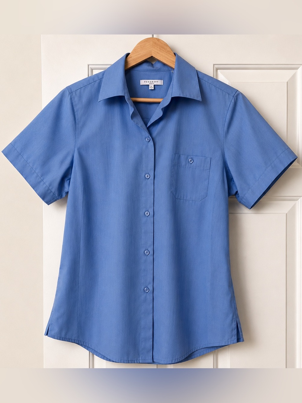 Foxcroft Wrinkle Free Button Down Shirt Blue Short Sleeve Work Blouse